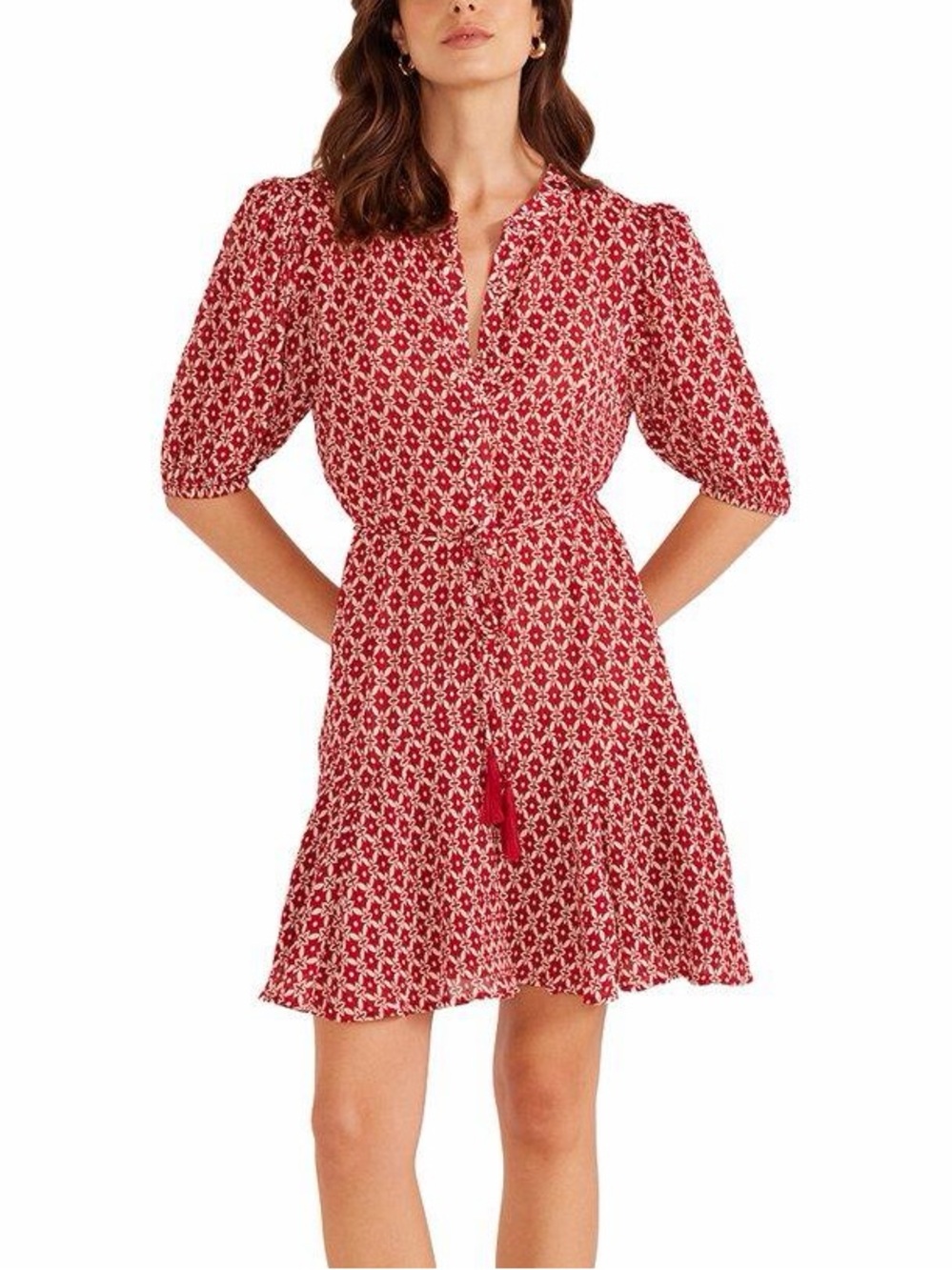 MINKPINK NWT Annie Puff Sleeve Mini Dress Red Geo Medium M